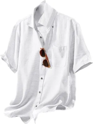 Linen Shirts for Men Trendy Button Down Short Sleeve Summer Beach Wedding Shirt Lightweight Quick Dry Chambray Blouses