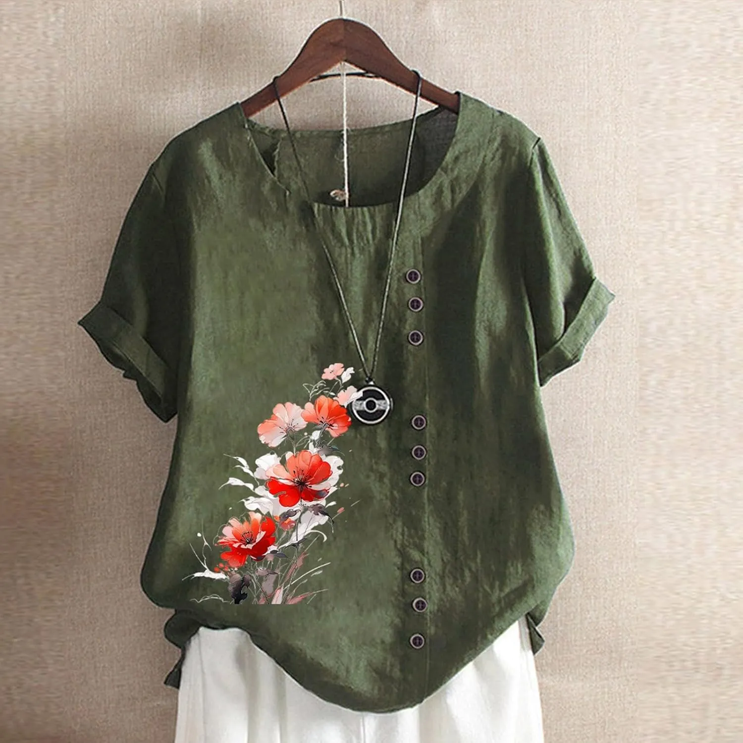 Linen Shirts for Women Summer Linen Crew Neck Shirts Button Down Short Sleeve Tunic Blouse Loose Casual Boho Top