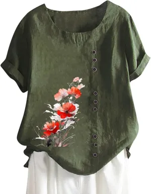Linen Shirts for Women Summer Linen Crew Neck Shirts Button Down Short Sleeve Tunic Blouse Loose Casual Boho Top