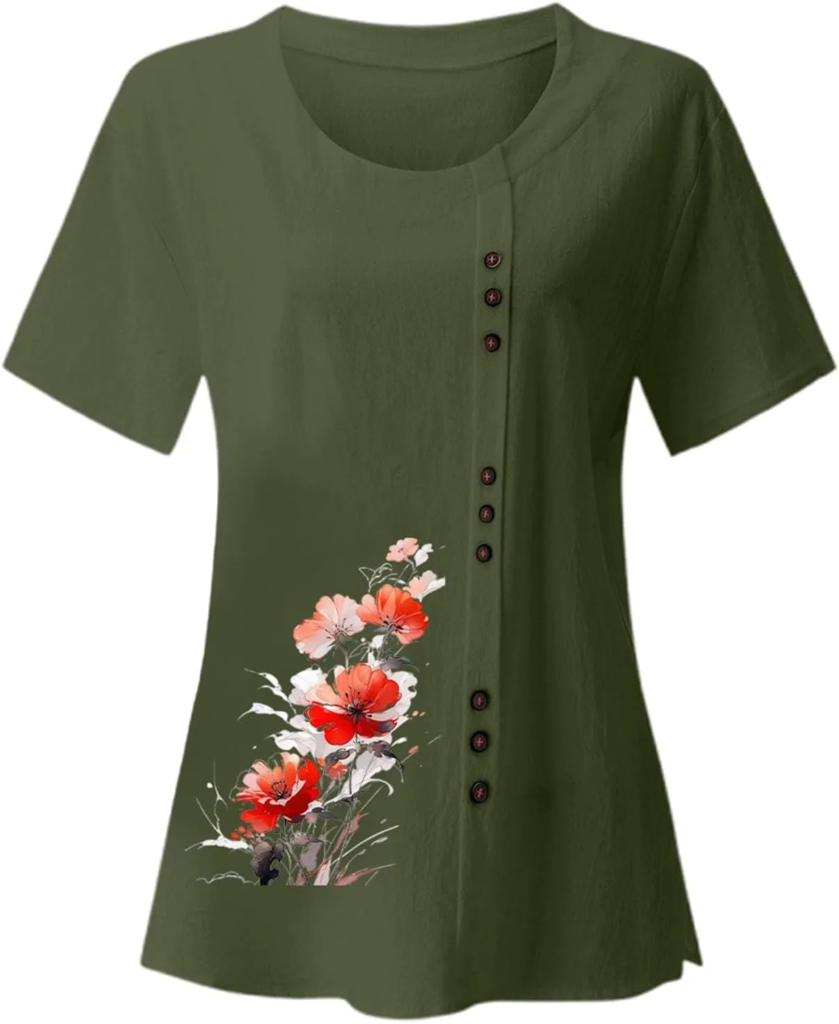 Linen Shirts for Women Summer Linen Crew Neck Shirts Button Down Short Sleeve Tunic Blouse Loose Casual Boho Top