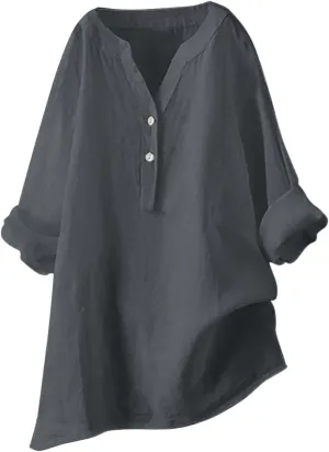 Linen Shirts for Women Summer Trendy Cotton Roll-Up Sleeve Shirts Dressy Casual Button V Neck Blouse Loose Gauze Top