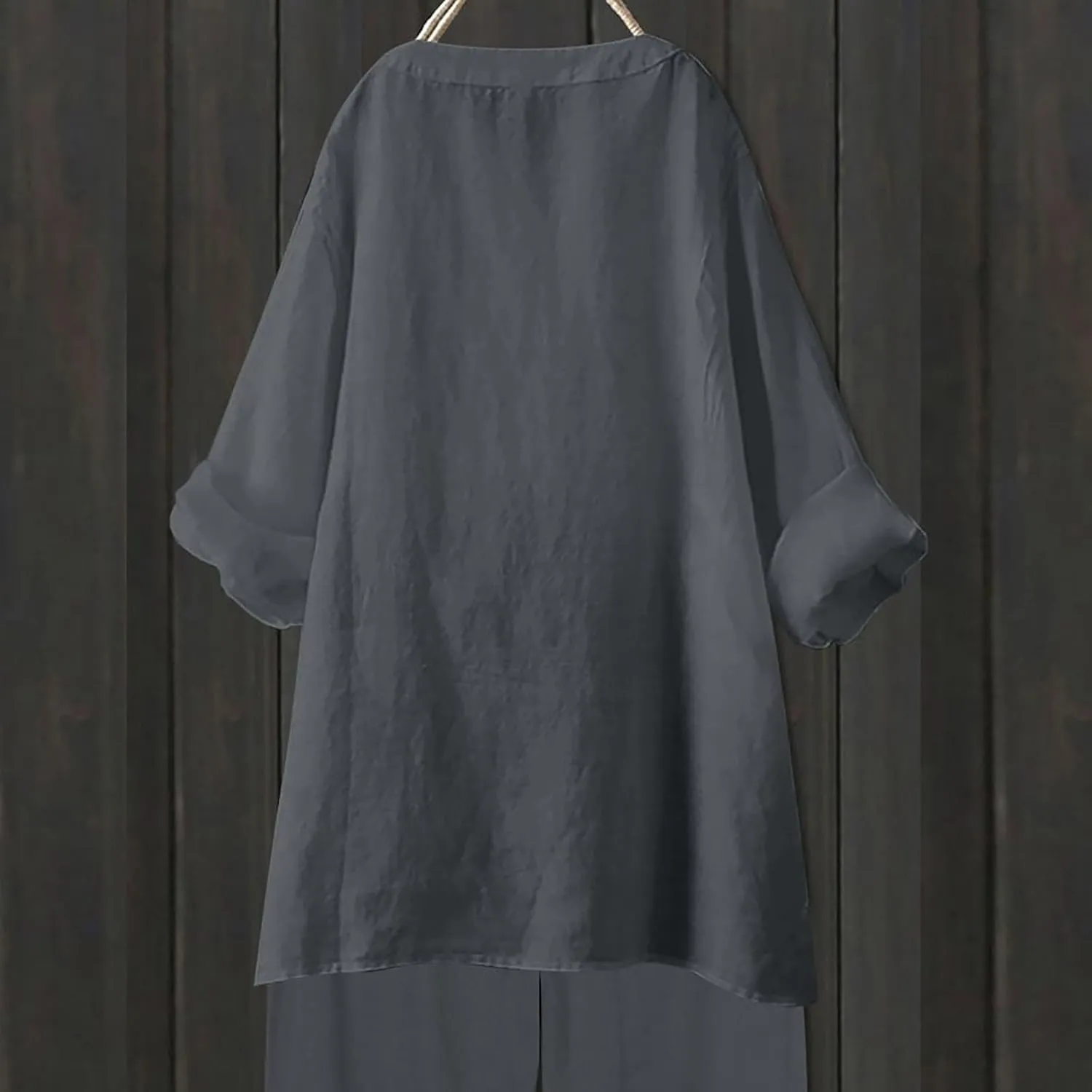 Linen Shirts for Women Summer Trendy Cotton Roll-Up Sleeve Shirts Dressy Casual Button V Neck Blouse Loose Gauze Top