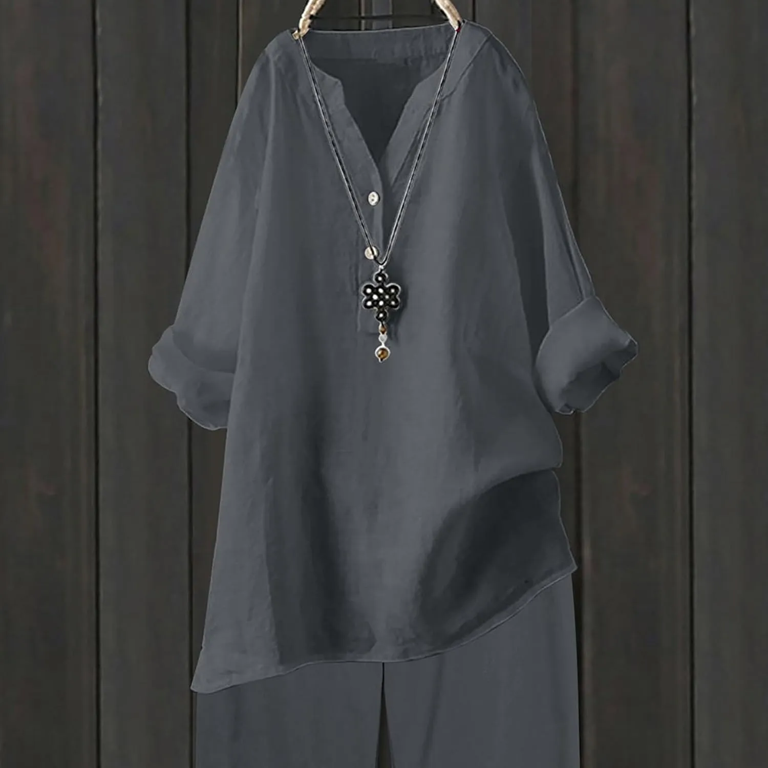 Linen Shirts for Women Summer Trendy Cotton Roll-Up Sleeve Shirts Dressy Casual Button V Neck Blouse Loose Gauze Top