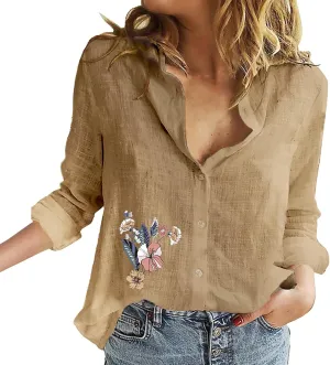 Linen Shirts for Women V Neck Casual Long Sleeve Loose Shirt Tops Trendy Tops for Women 2024 Linen Shirts for Women