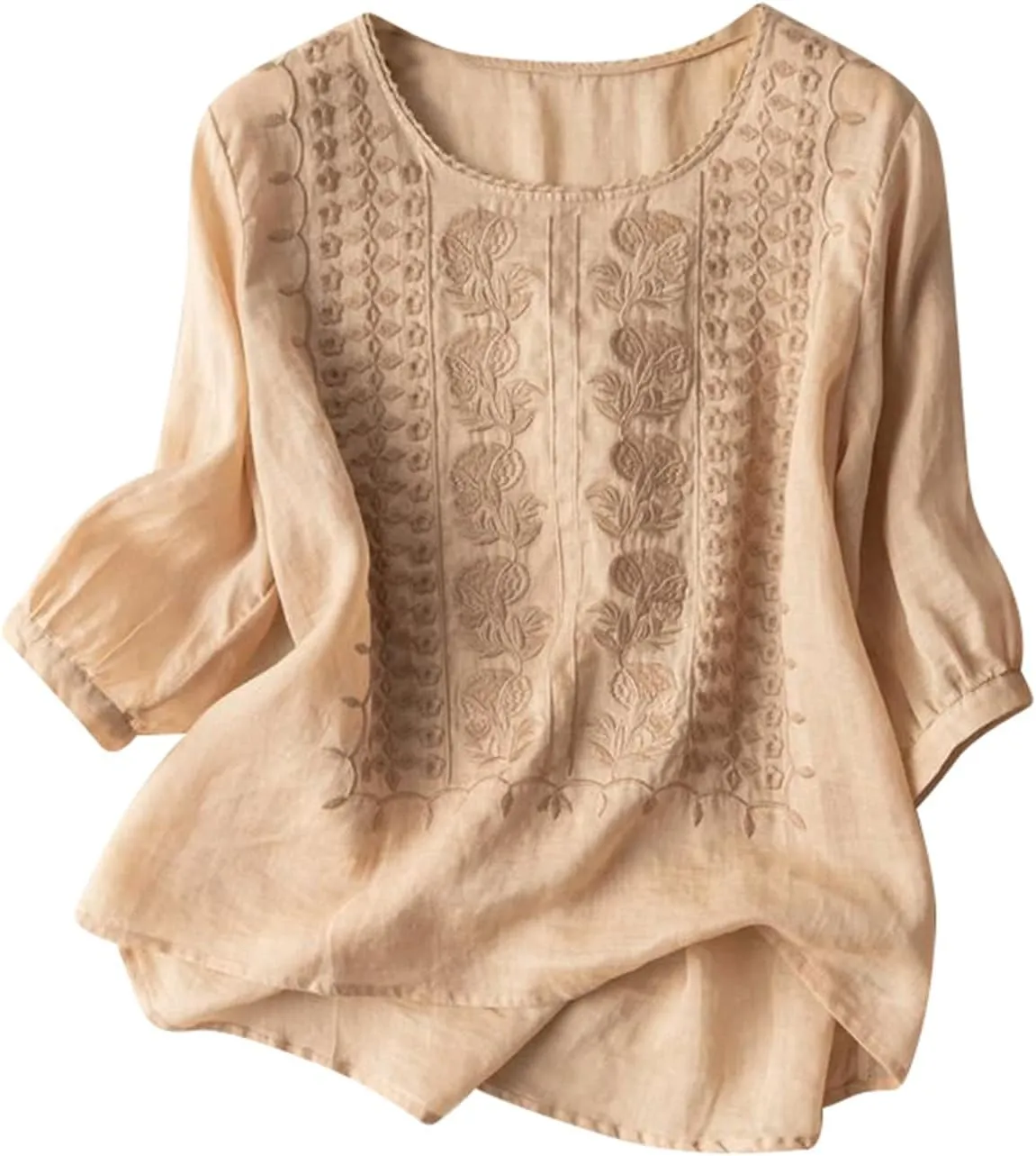 Linen Shirts for Women Vintage Embroidered Blouse Short Sleeve Summer Casual Dressy Loose Crew Neck Boho Tops