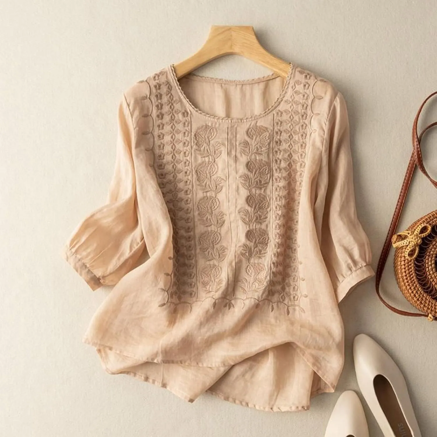 Linen Shirts for Women Vintage Embroidered Blouse Short Sleeve Summer Casual Dressy Loose Crew Neck Boho Tops