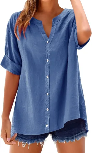 Linen Shirts for Women Womens Tops 3/4 Sleeve Button Down Shirts V Neck Solid Casual Tunic Blouses with Pocket