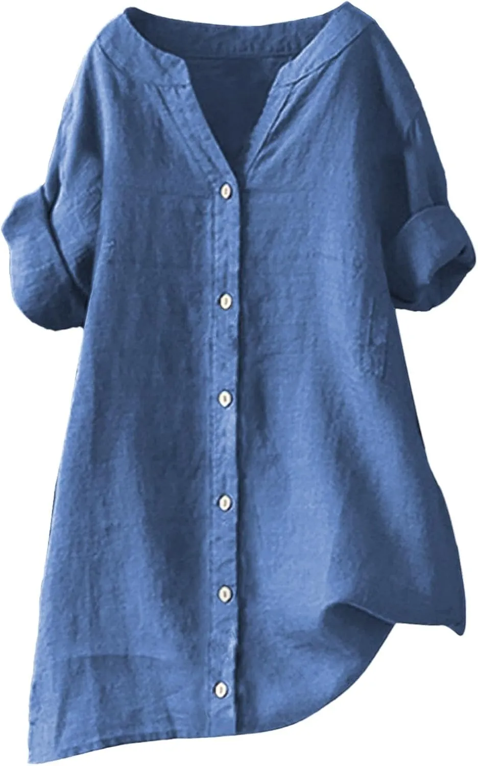 Linen Shirts for Women Womens Tops 3/4 Sleeve Button Down Shirts V Neck Solid Casual Tunic Blouses with Pocket