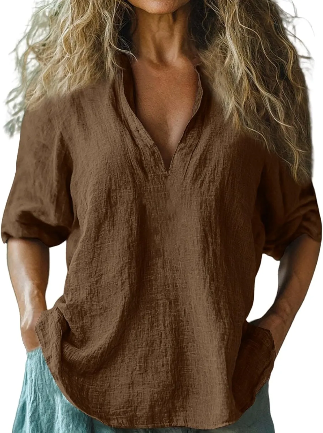 Linen Shirts for Womens Summer Scoop Neck Short Sleeve Sweater Casual Crochet Hollow Out Knit Tops Pullover Shirt Beach Coverup A-Coffee
