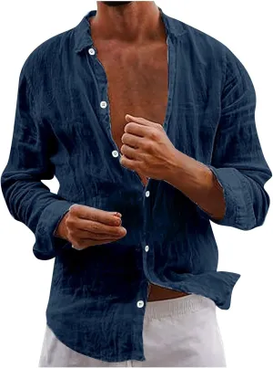 Linen T-Shirt for Men Solid Color Button Down Beach Shirts Top Long Sleeves Casual Lapel Comfy Cotton Tees Blouse