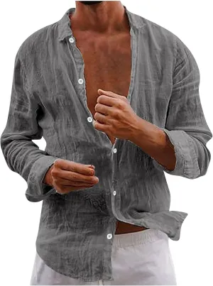 Linen T-Shirt for Men Solid Color Button Down Beach Shirts Top Long Sleeves Casual Lapel Comfy Cotton Tees Blouse