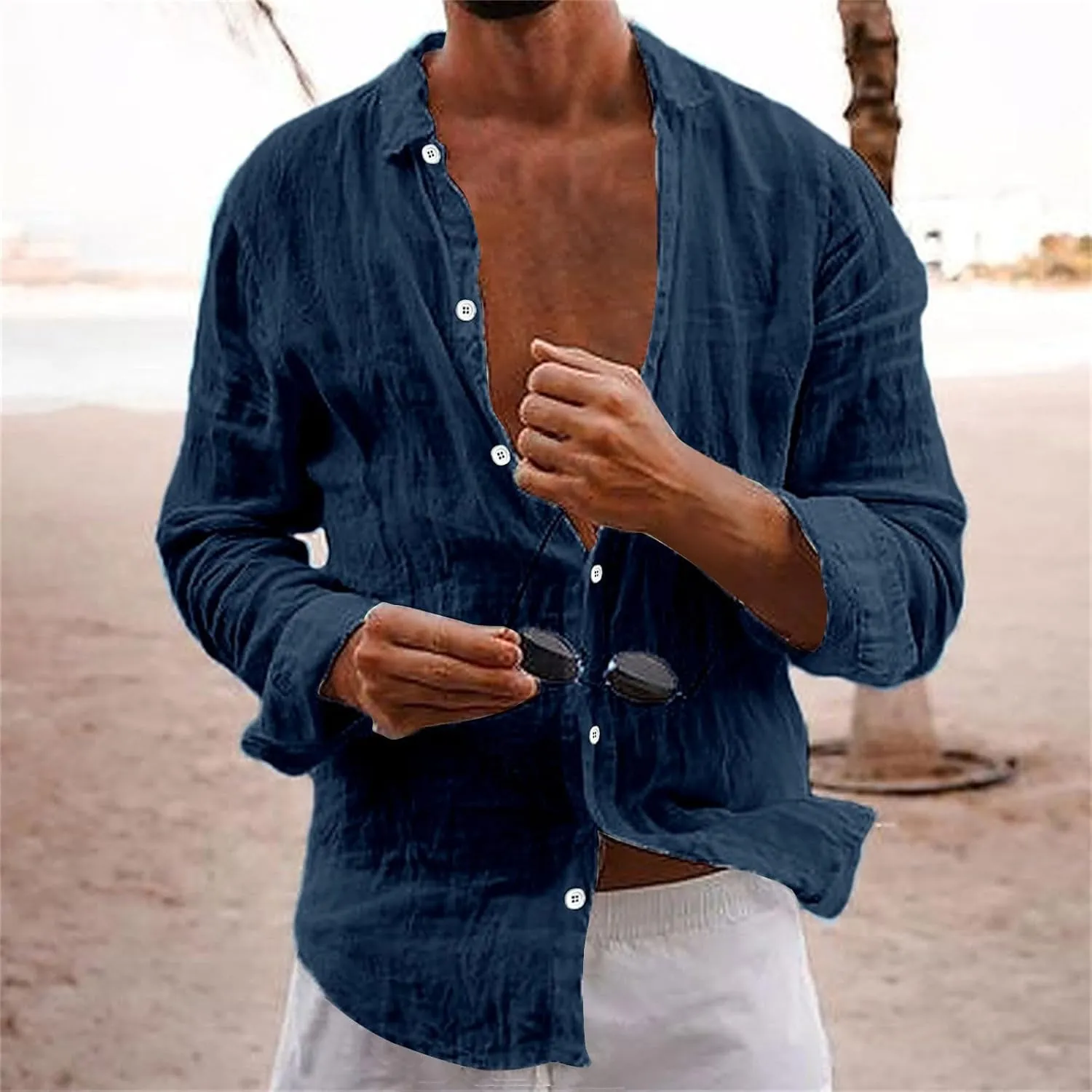 Linen T-Shirt for Men Solid Color Button Down Beach Shirts Top Long Sleeves Casual Lapel Comfy Cotton Tees Blouse