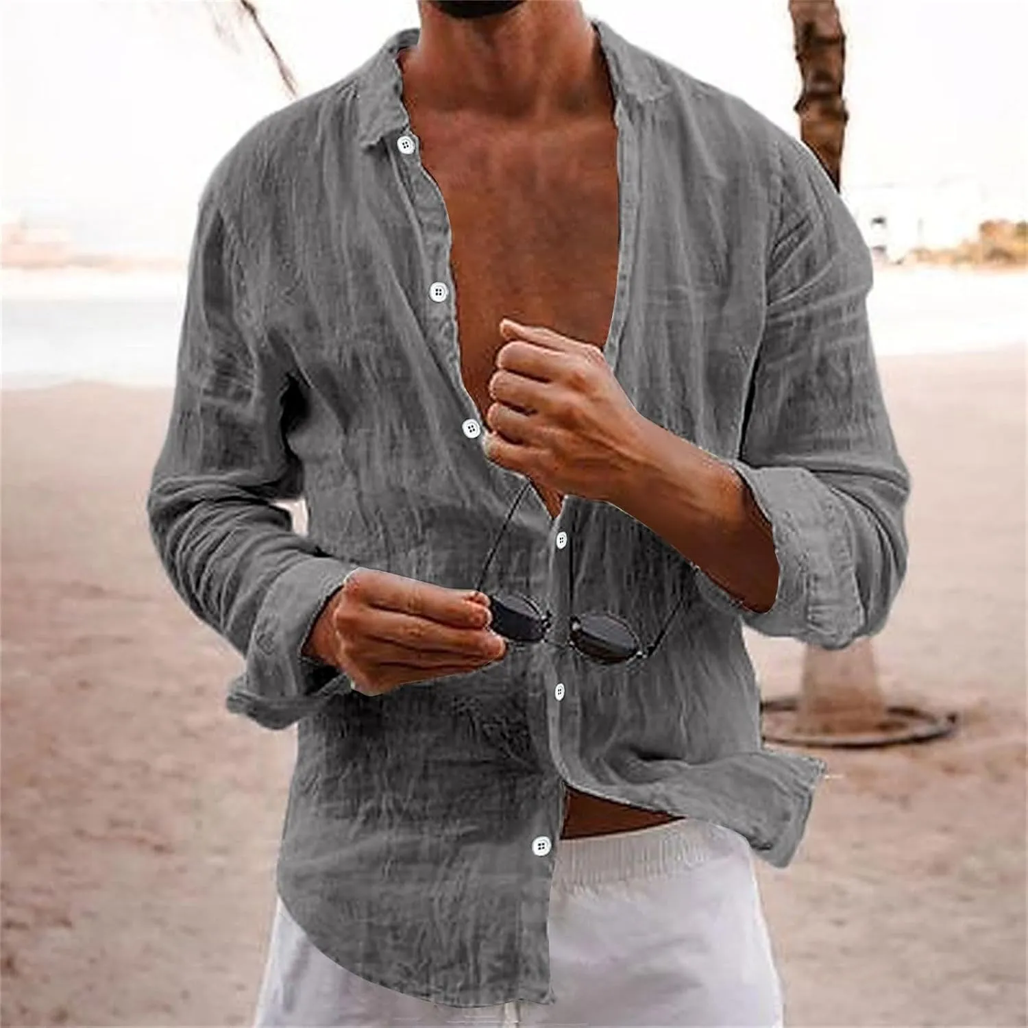 Linen T-Shirt for Men Solid Color Button Down Beach Shirts Top Long Sleeves Casual Lapel Comfy Cotton Tees Blouse