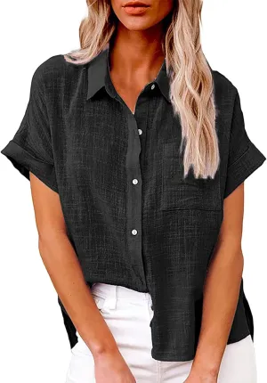 Linen Tops for Women 2025 Summer High Low Cotton Linen Shirt Button Down Embroidered Blouse Long Sleeve Tunic Tops
