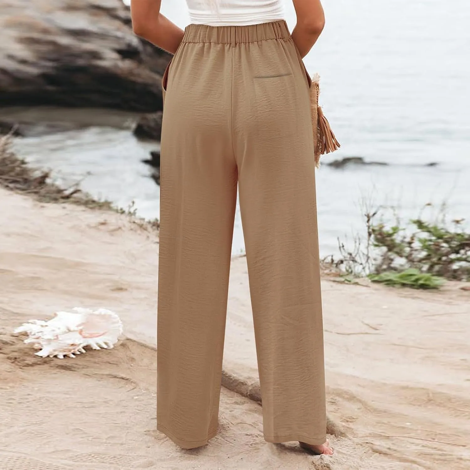 Linen Wide Leg Dress Pants Women Business Casual Elastic Waist Comfy Work Pants Lightweight Vacation Beach Trousers