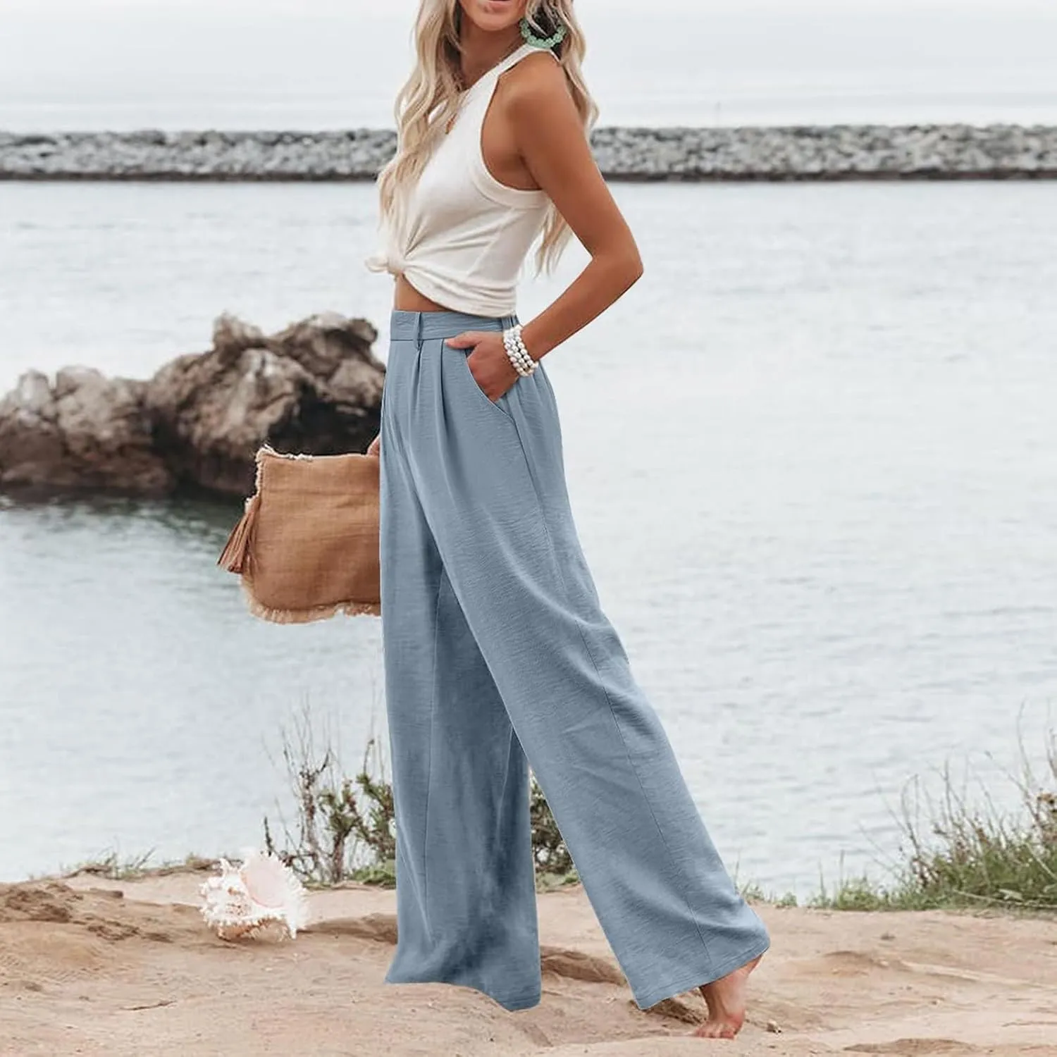 Linen Wide Leg Dress Pants Women Business Casual Elastic Waist Comfy Work Pants Lightweight Vacation Beach Trousers