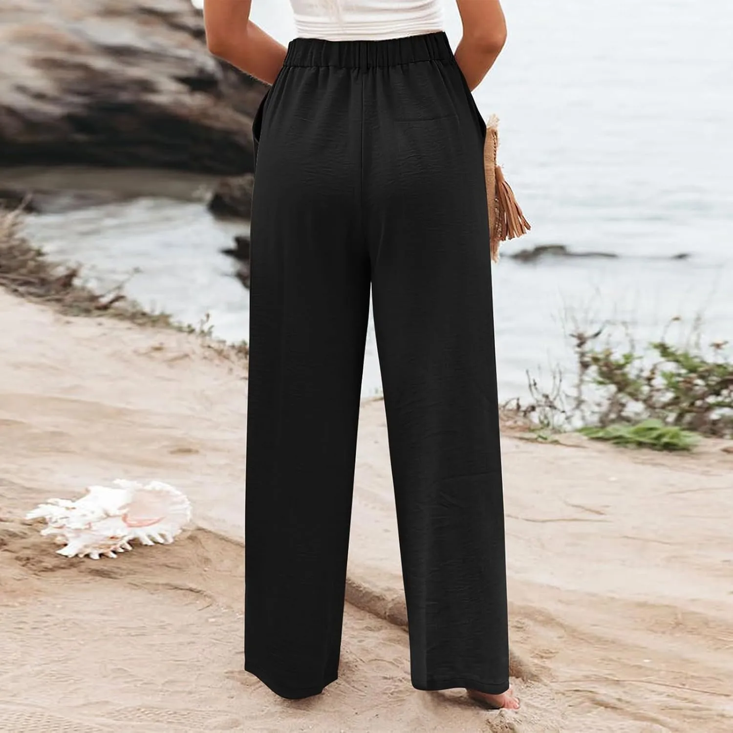 Linen Wide Leg Dress Pants Women Business Casual Elastic Waist Comfy Work Pants Lightweight Vacation Beach Trousers