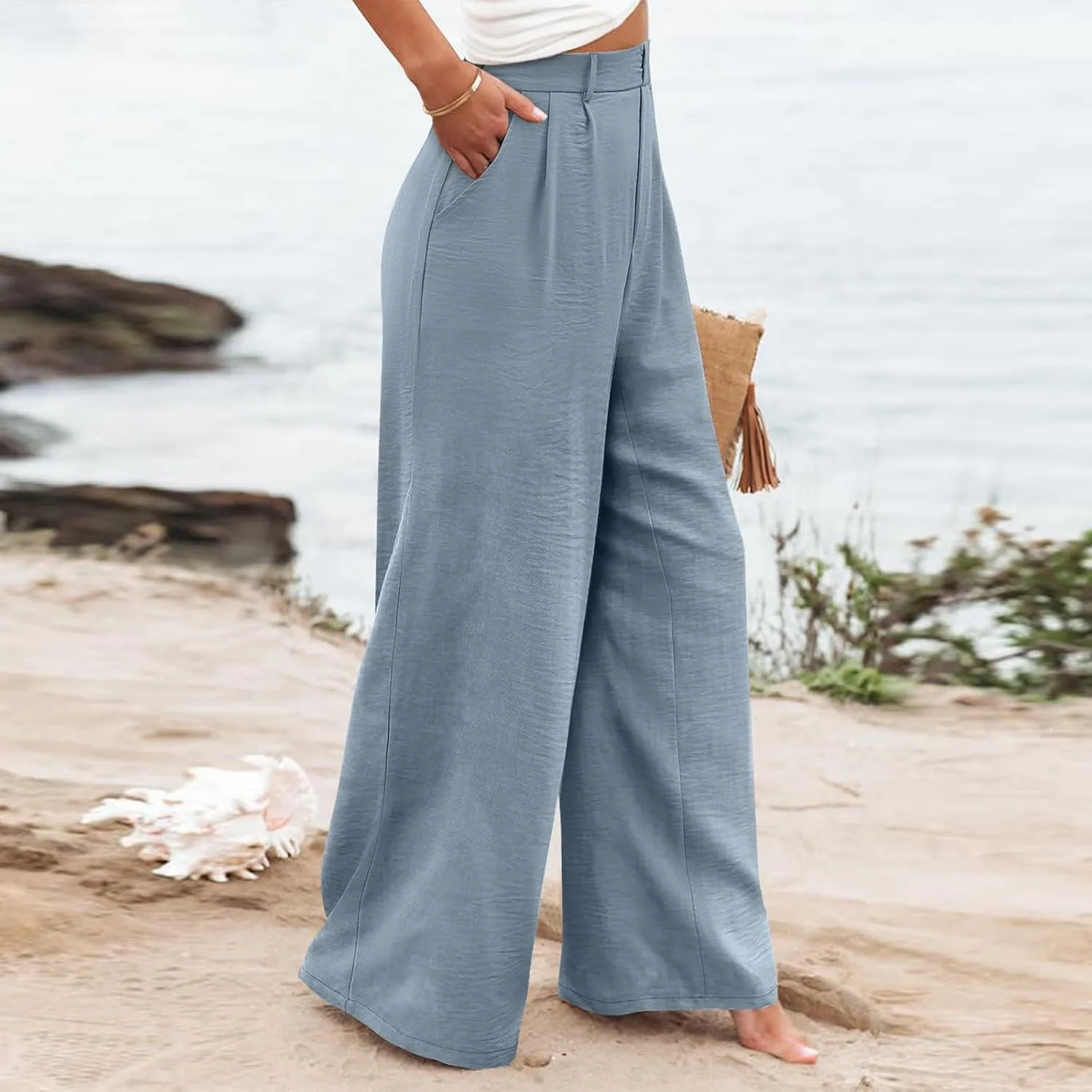 Linen Wide Leg Dress Pants Women Business Casual Elastic Waist Comfy Work Pants Lightweight Vacation Beach Trousers