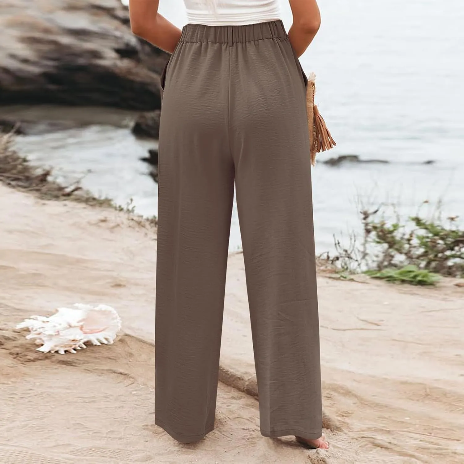 Linen Wide Leg Dress Pants Women Business Casual Elastic Waist Comfy Work Pants Lightweight Vacation Beach Trousers