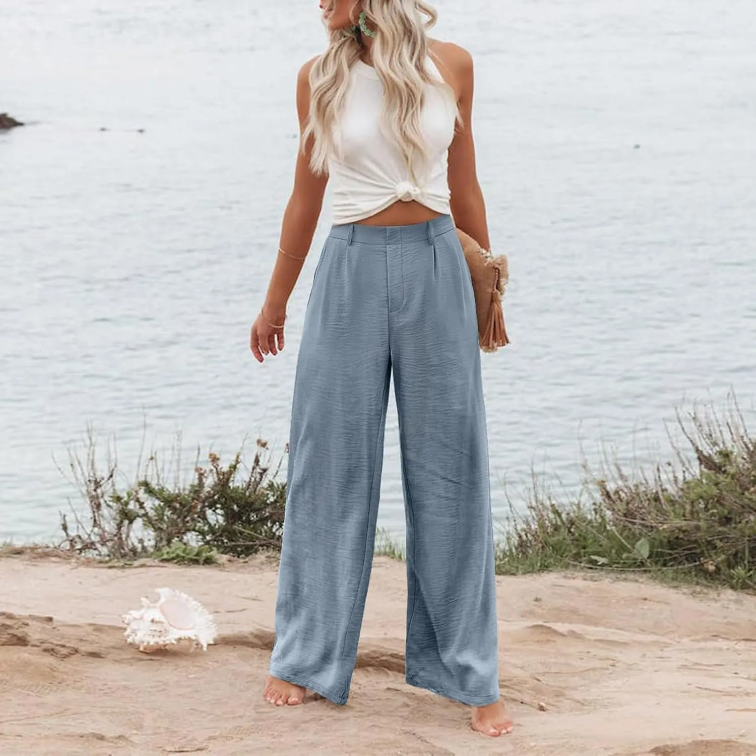 Linen Wide Leg Dress Pants Women Business Casual Elastic Waist Comfy Work Pants Lightweight Vacation Beach Trousers