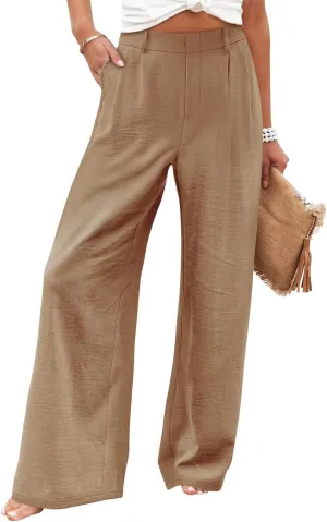 Linen Wide Leg Dress Pants Women Business Casual Elastic Waist Comfy Work Pants Lightweight Vacation Beach Trousers