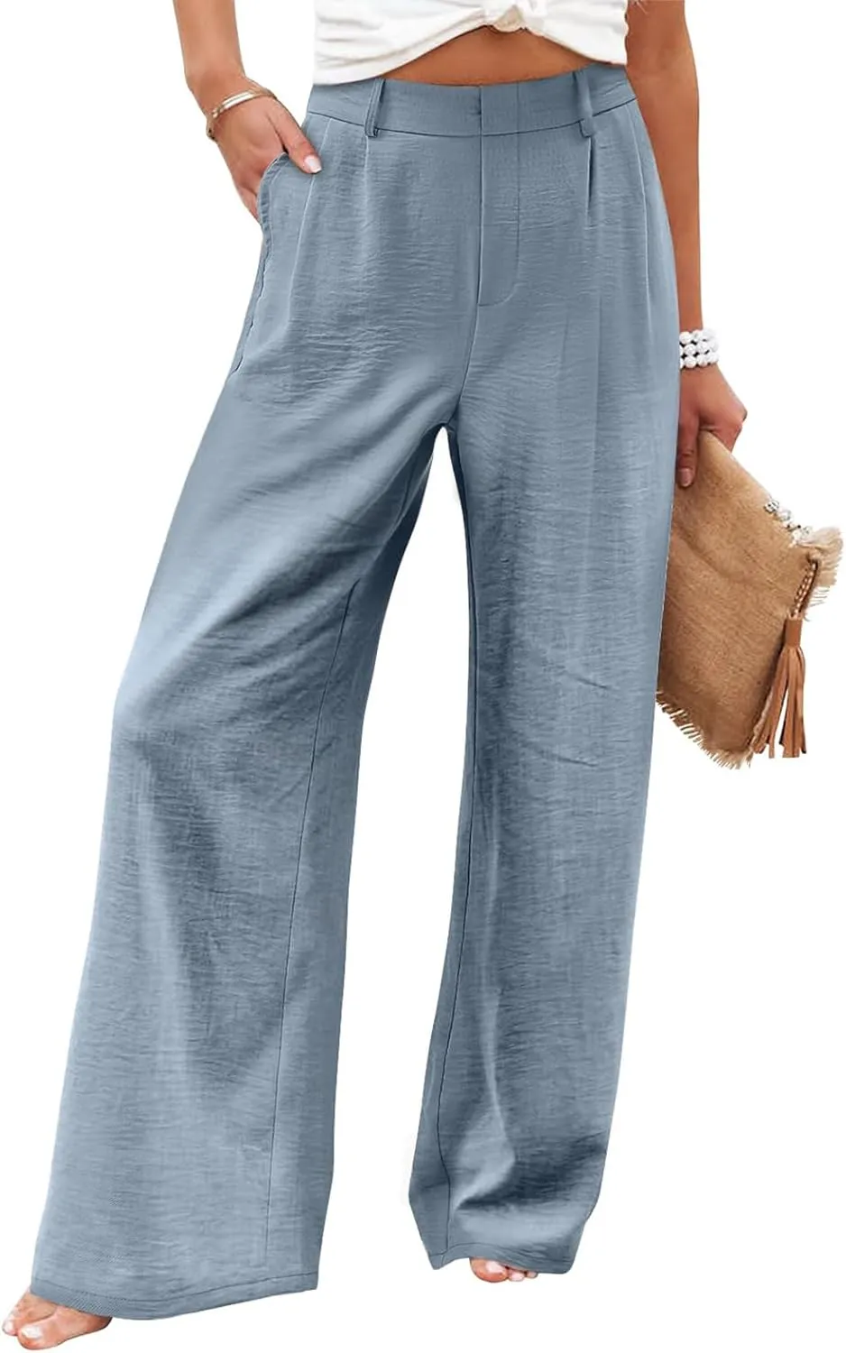 Linen Wide Leg Dress Pants Women Business Casual Elastic Waist Comfy Work Pants Lightweight Vacation Beach Trousers