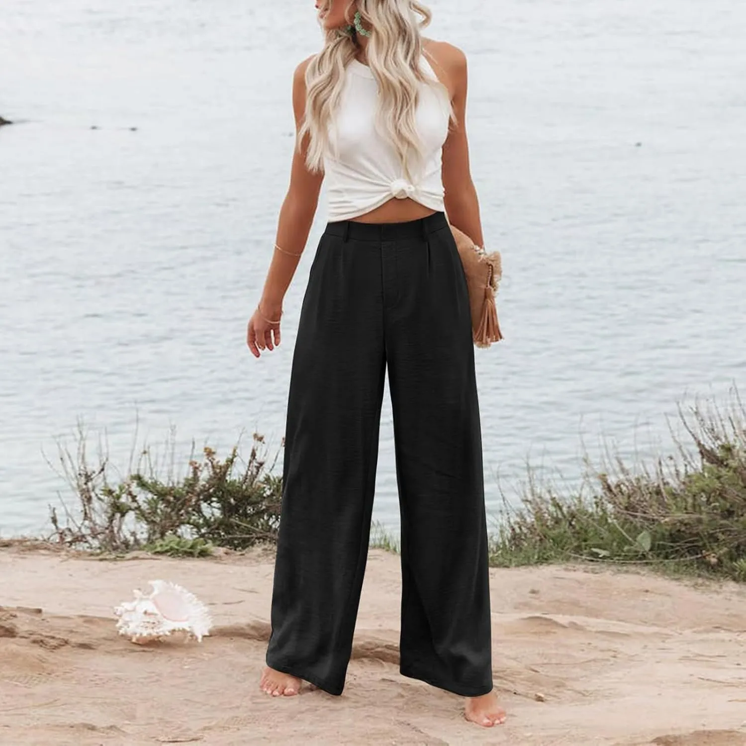 Linen Wide Leg Dress Pants Women Business Casual Elastic Waist Comfy Work Pants Lightweight Vacation Beach Trousers