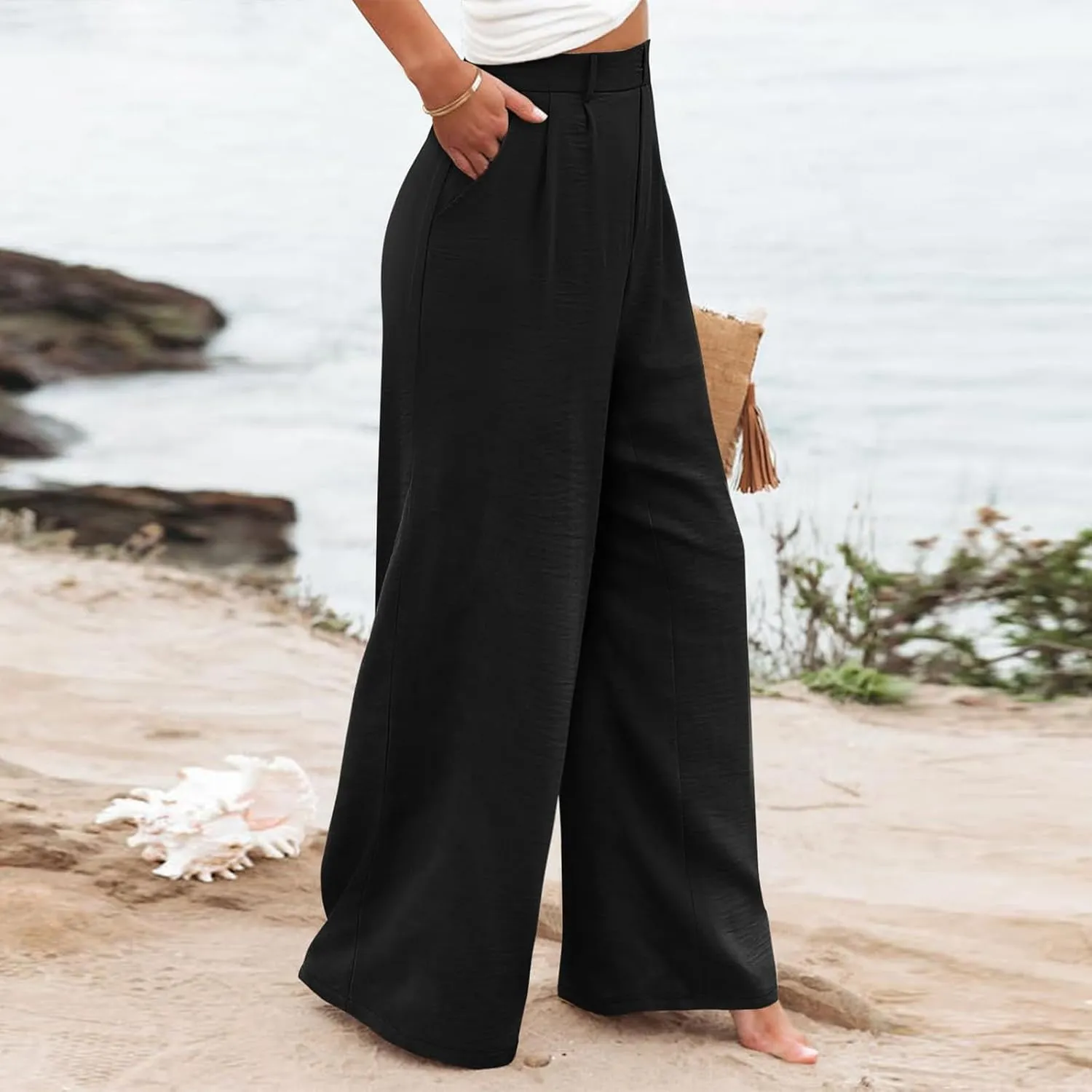 Linen Wide Leg Dress Pants Women Business Casual Elastic Waist Comfy Work Pants Lightweight Vacation Beach Trousers