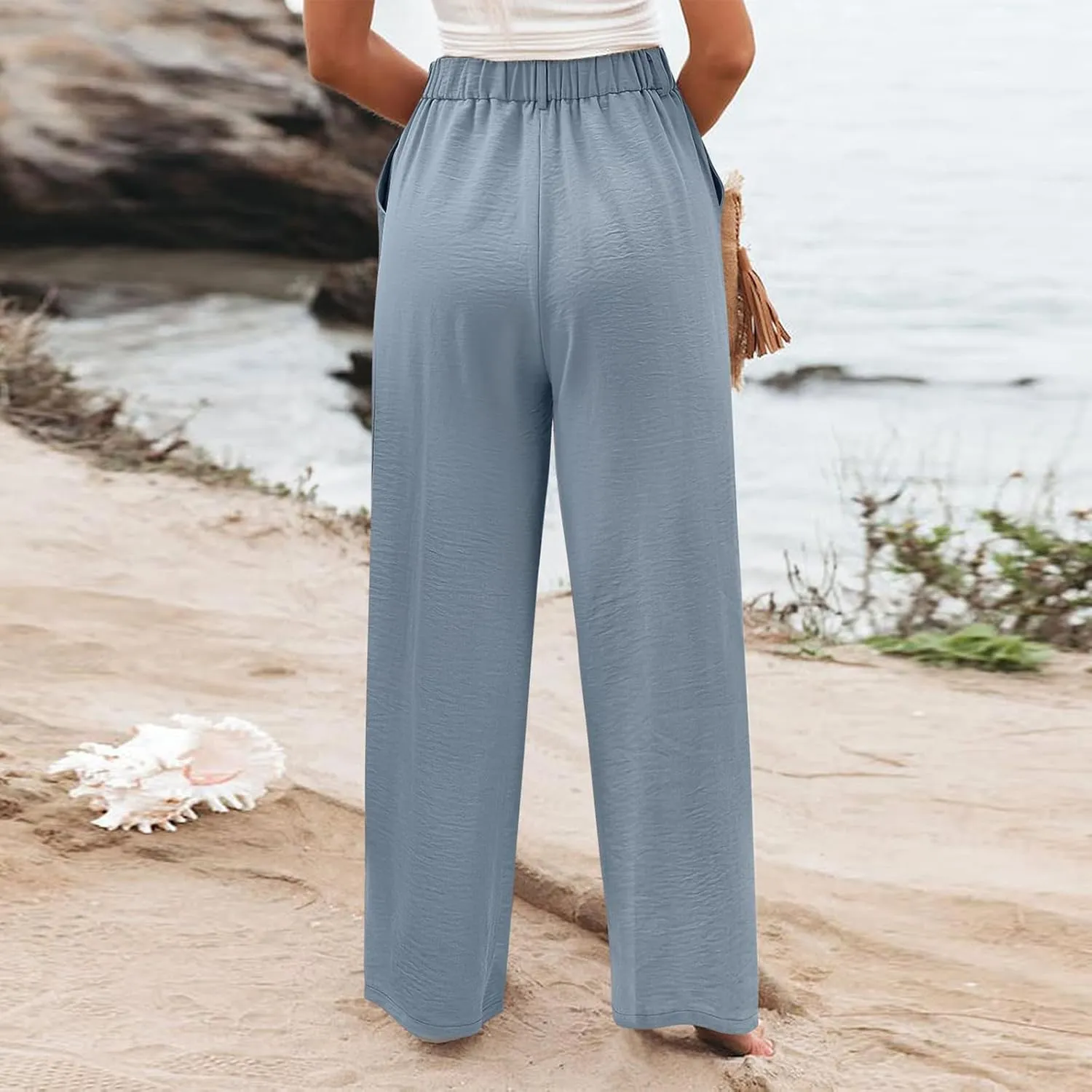 Linen Wide Leg Dress Pants Women Business Casual Elastic Waist Comfy Work Pants Lightweight Vacation Beach Trousers
