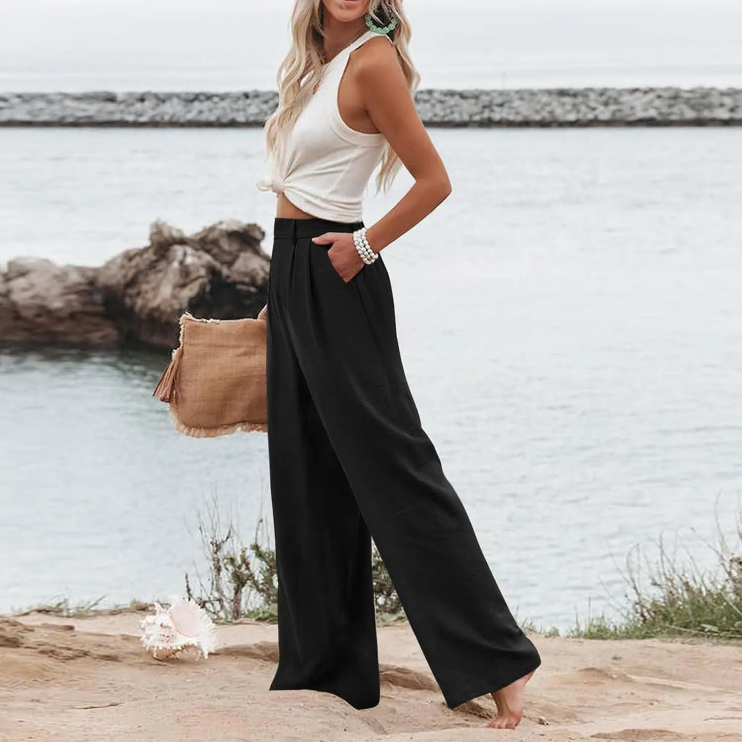 Linen Wide Leg Dress Pants Women Business Casual Elastic Waist Comfy Work Pants Lightweight Vacation Beach Trousers