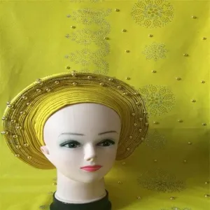 LIOCRAFT African Wedding Headband for Women with Shawl self Made Nigerian Gel, Gel Hele Turban ASO EBI, Wedding Headband Fabric for Bridal Party Dress Color 4964