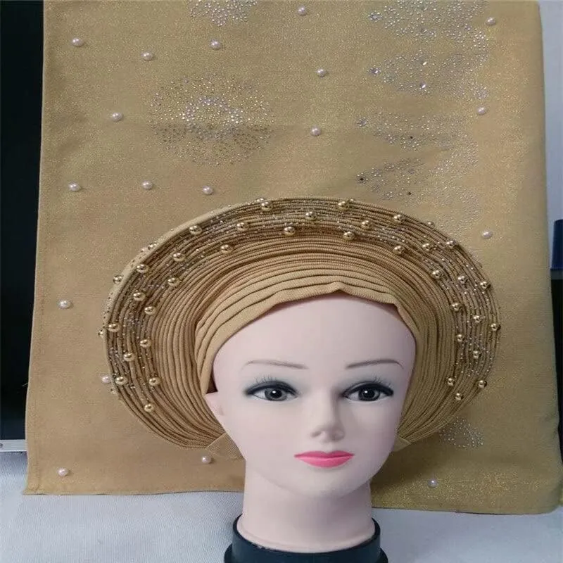 LIOCRAFT African Wedding Headband for Women with Shawl self Made Nigerian Gel, Gel Hele Turban ASO EBI, Wedding Headband Fabric for Bridal Party Dress Color 4964