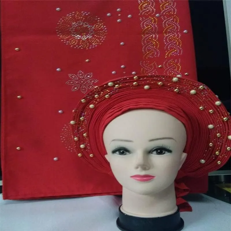 LIOCRAFT African Wedding Headband for Women with Shawl self Made Nigerian Gel, Gel Hele Turban ASO EBI, Wedding Headband Fabric for Bridal Party Dress Color 4964