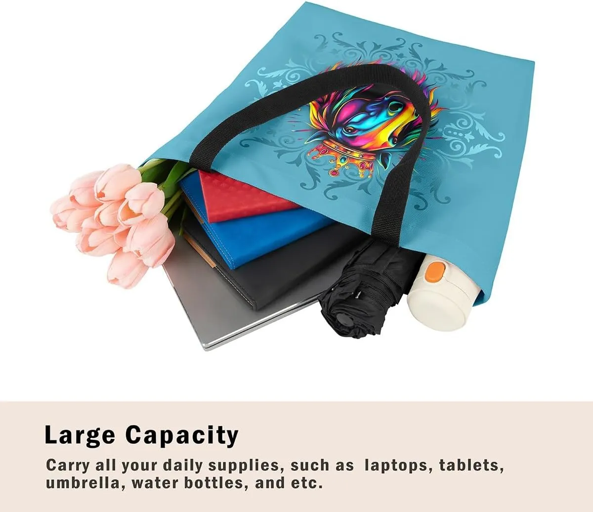 Lion Tote Bag,Black Damask Flowers Canvas Tote Bag