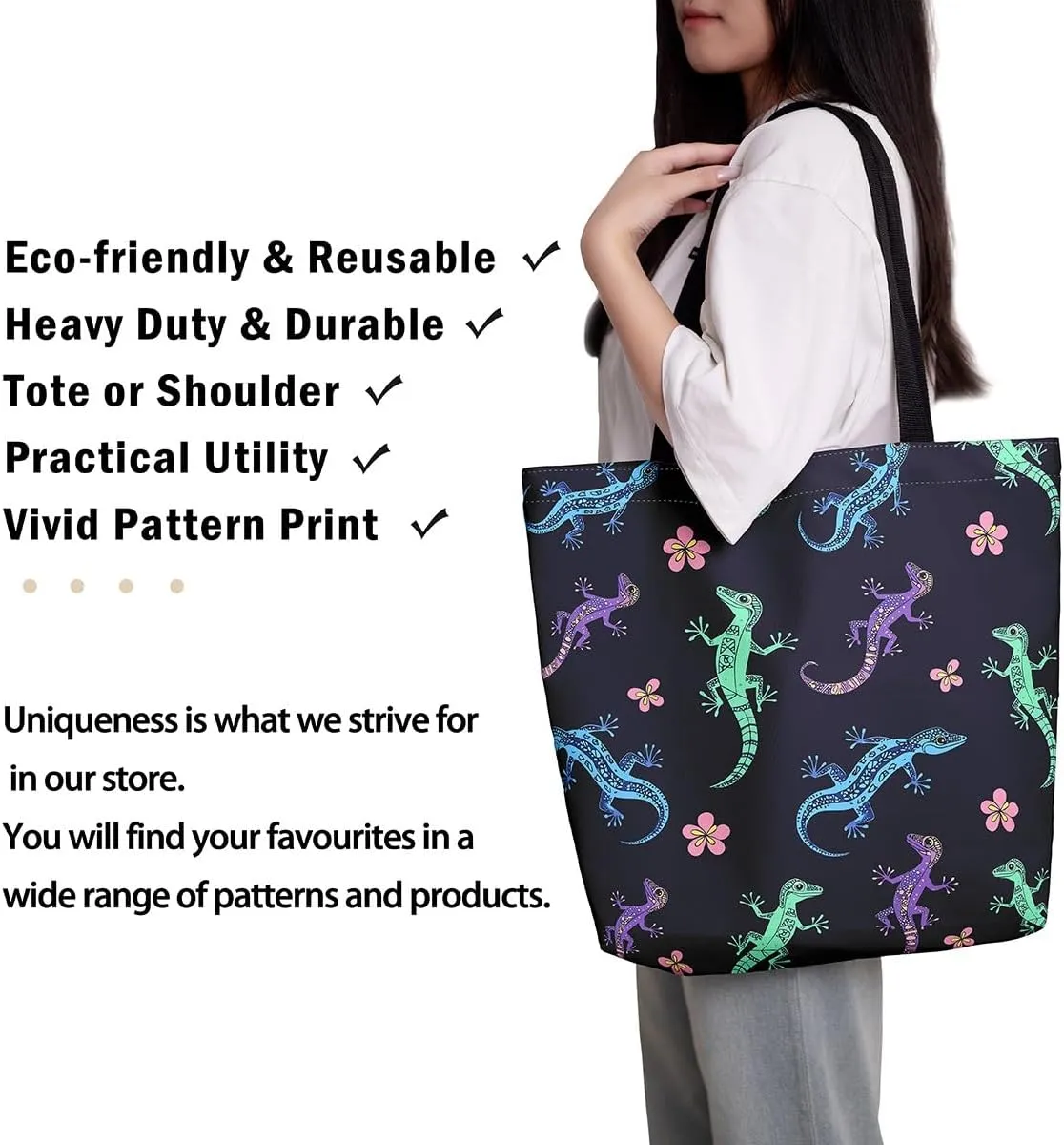 Lizard Canvas Tote Bag,Reptile Cute Chameleon Beach Bag,Cartoon Pet Woodland Handbag for Women