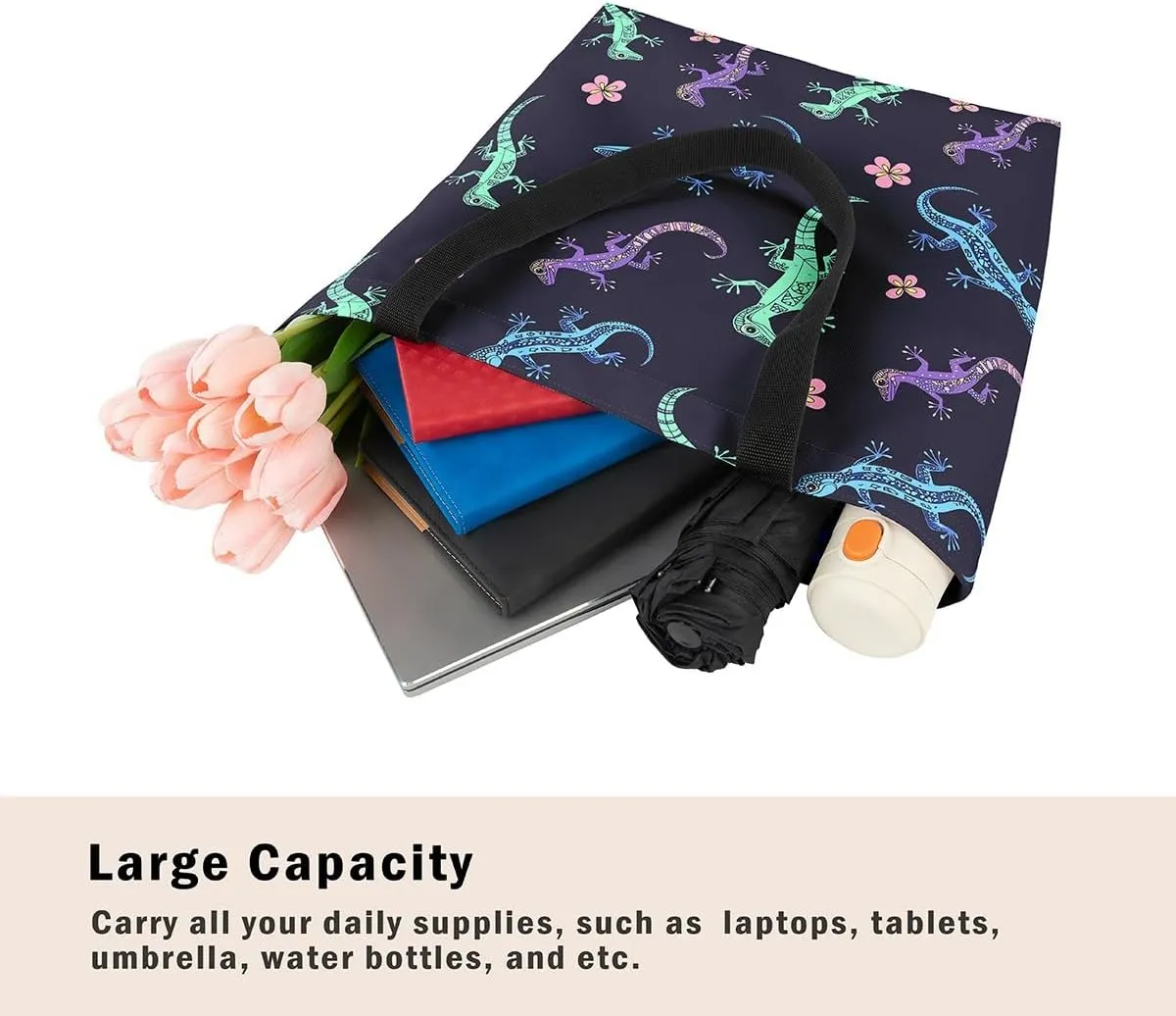 Lizard Canvas Tote Bag,Reptile Cute Chameleon Beach Bag,Cartoon Pet Woodland Handbag for Women