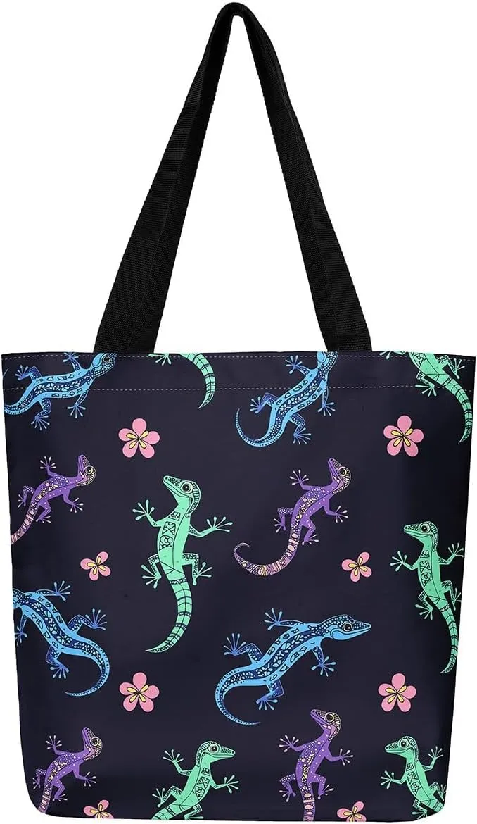 Lizard Canvas Tote Bag,Reptile Cute Chameleon Beach Bag,Cartoon Pet Woodland Handbag for Women
