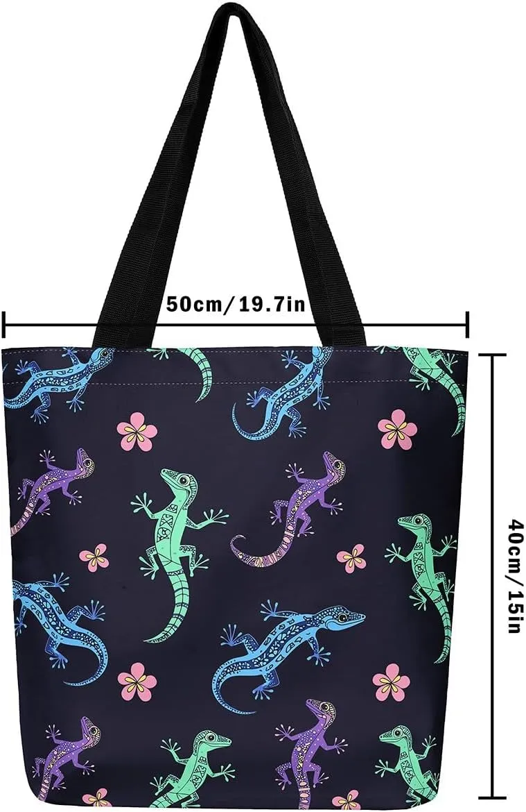 Lizard Canvas Tote Bag,Reptile Cute Chameleon Beach Bag,Cartoon Pet Woodland Handbag for Women