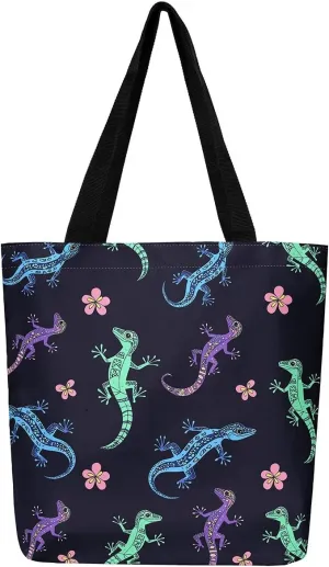 Lizard Canvas Tote Bag,Reptile Cute Chameleon Beach Bag,Cartoon Pet Woodland Handbag for Women