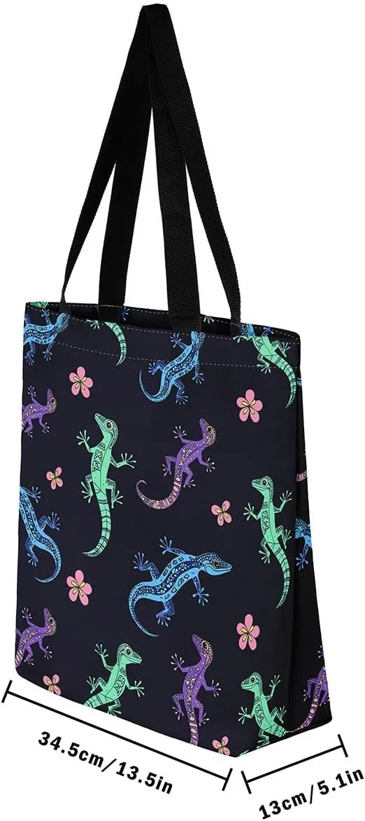 Lizard Canvas Tote Bag,Reptile Cute Chameleon Beach Bag,Cartoon Pet Woodland Handbag for Women