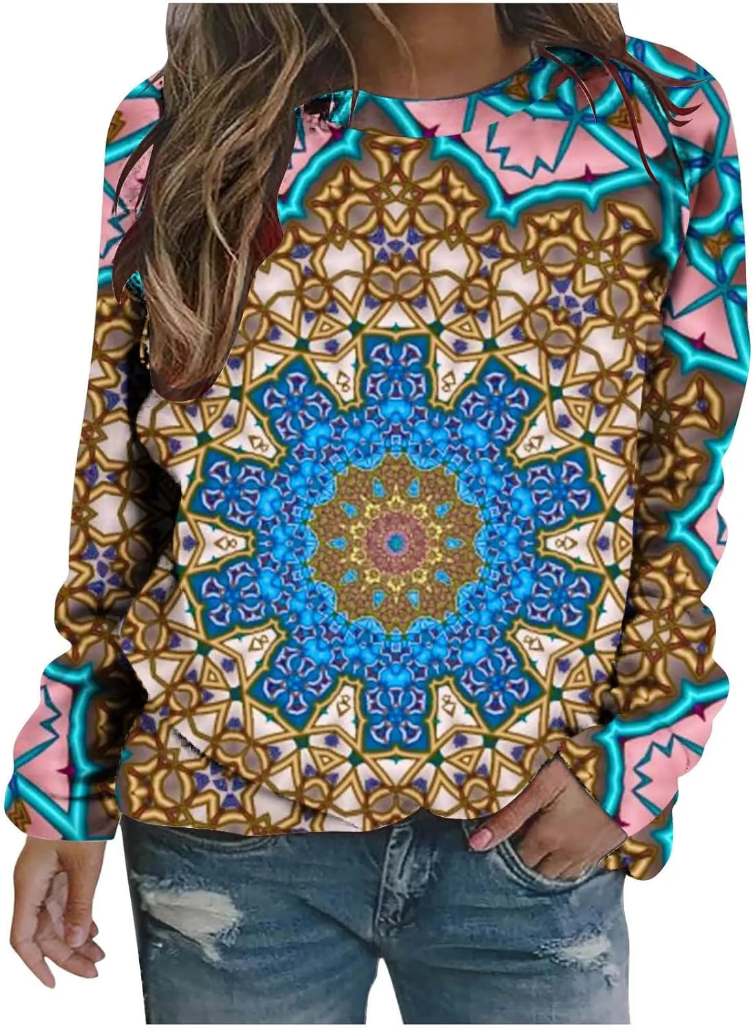 Loose Fitting Long Sleeve Tops for Women Aztec Ethnic Print Graphic Tee Shirts Casual Dressy Crewneck Sweatshirts