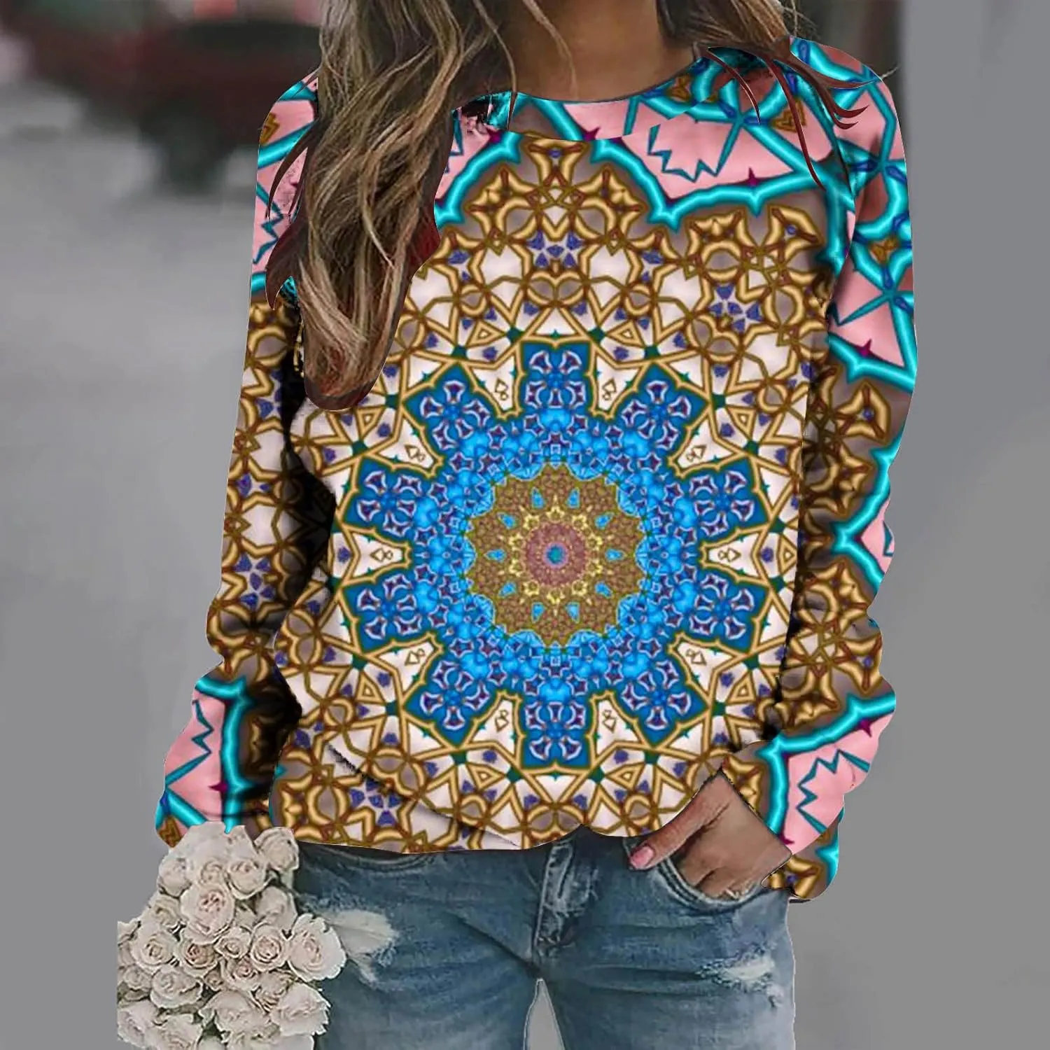 Loose Fitting Long Sleeve Tops for Women Aztec Ethnic Print Graphic Tee Shirts Casual Dressy Crewneck Sweatshirts