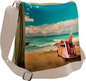 Lunarable Beach Messenger Bag, Hippie Car by the Shoreline, Unisex Cross-body