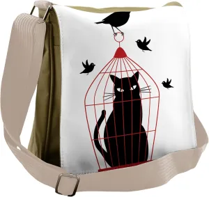 Lunarable Birds Messenger Bag, Hunter Cat in Cage Humorous, Unisex Cross-body