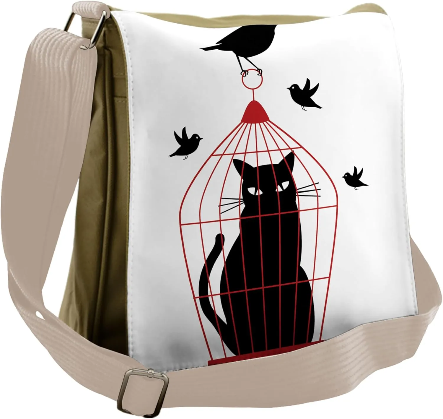 Lunarable Birds Messenger Bag, Hunter Cat in Cage Humorous, Unisex Cross-body
