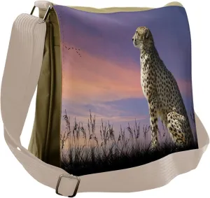 Lunarable Cheetah Messenger Bag, Savannah Sunset Sky Photo, Unisex Cross-body