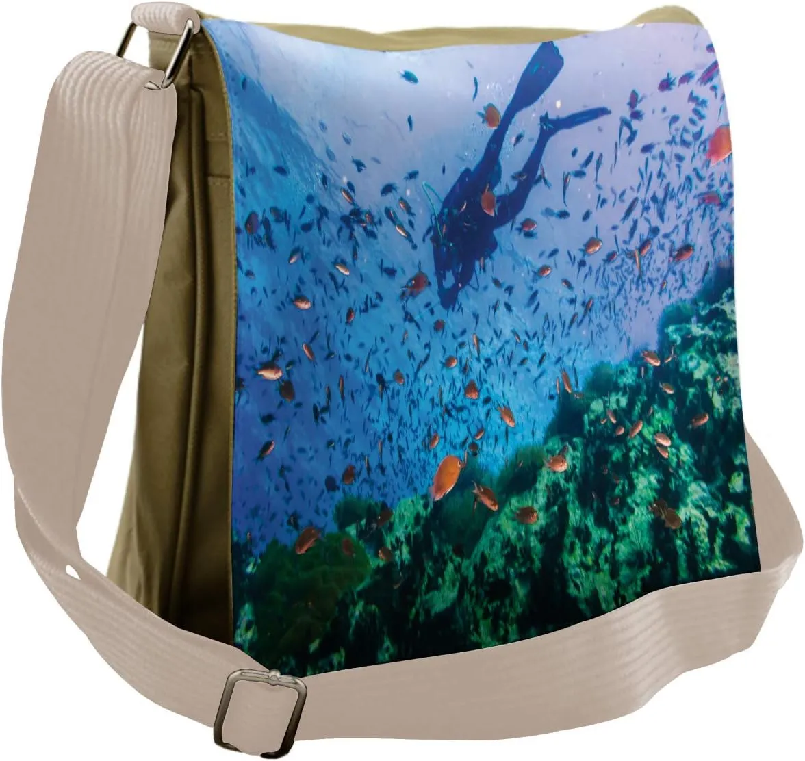 Lunarable Thai Messenger Bag, Scuba Diver on Coral Reefs, Unisex Cross-body