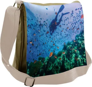 Lunarable Thai Messenger Bag, Scuba Diver on Coral Reefs, Unisex Cross-body