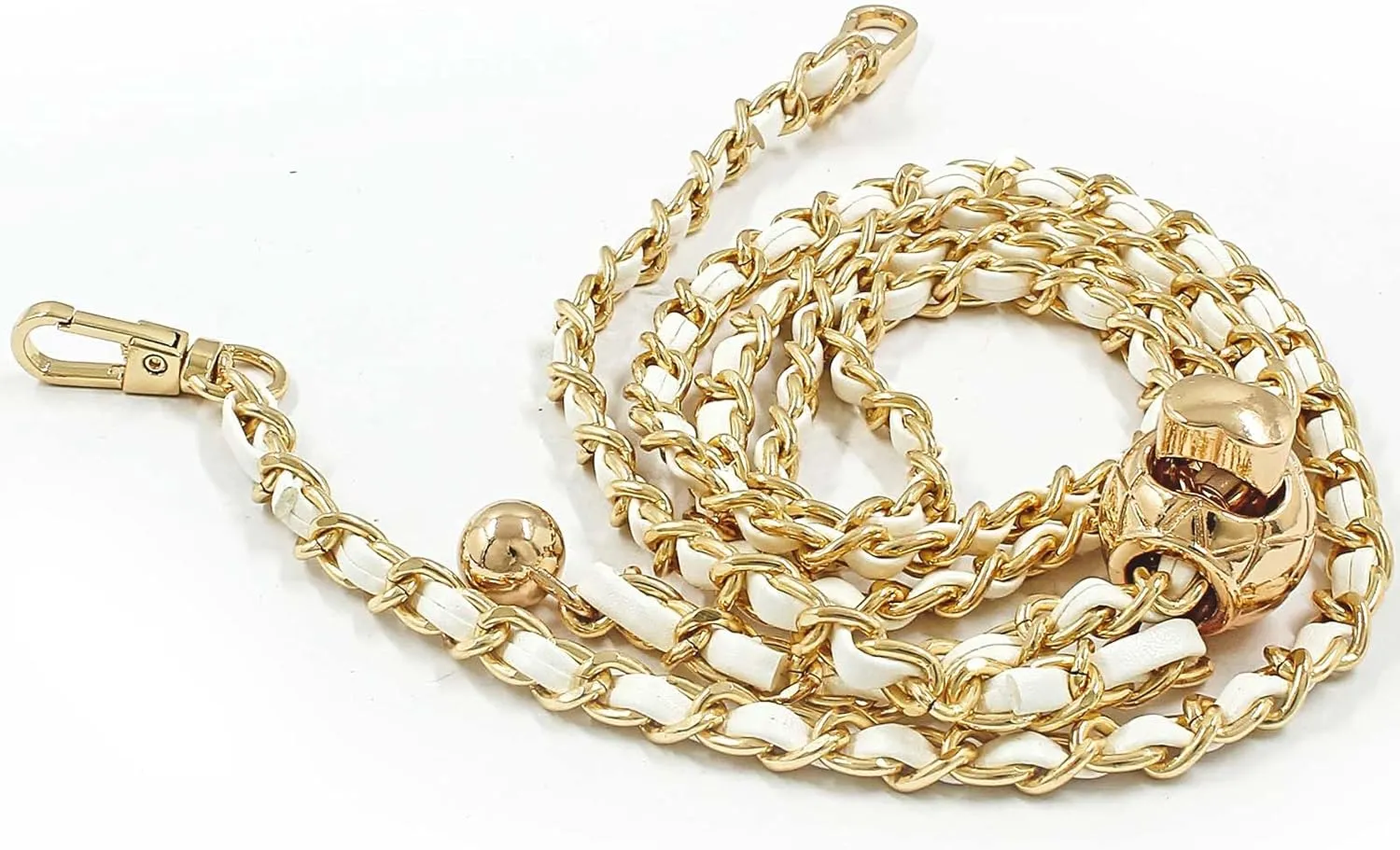 Luomorgo 1 Pc Thin Adjustable Chain Handles Strap, Long Purse Strap Replacement, Metal Chain with White PU Leather Straps for Shoulder Bags, Crossbody Bags DIY Crafts (Gold, 47" Length)
