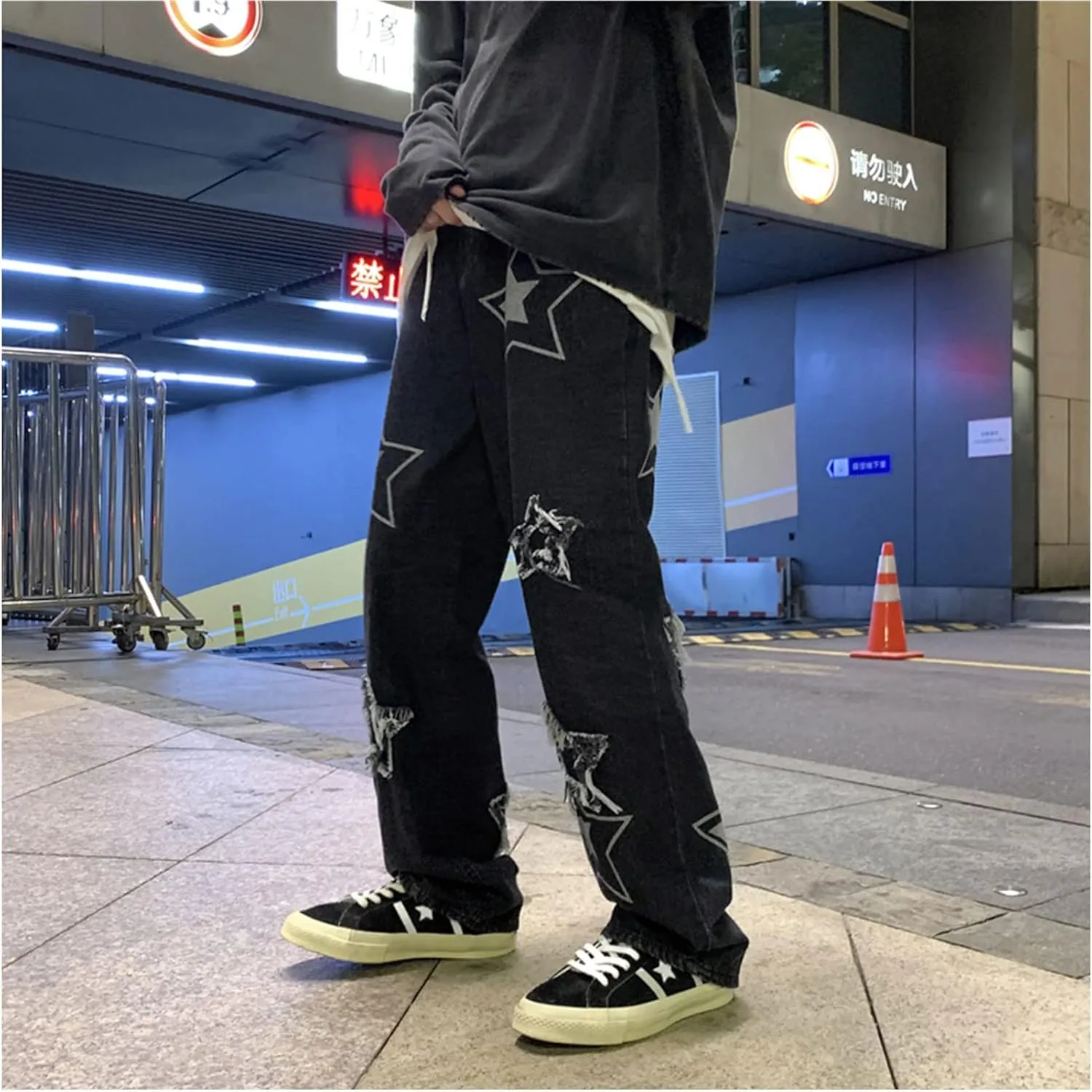 MAEHARRT Y2K Baggy Jeans for Men Star Graphic Hip Hop Pants Loose Fit Denim Pants Casual Streetwear